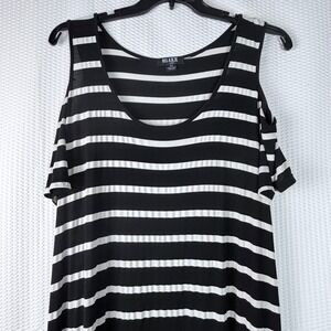 RELAXX‎ Womens 2X Black White Striped Cold Shoulder Maxi Dress Short Sleeve